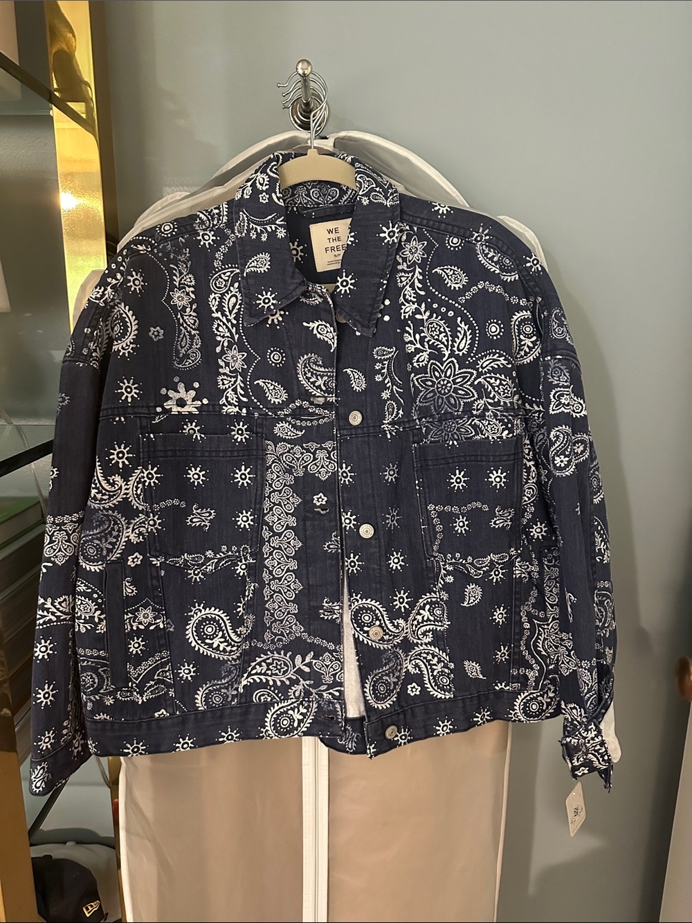 NWT Free People Navy Blue Bandana-Print Denim Jacket